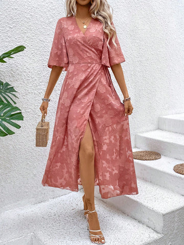 Women's Jacquard Wrap Front Dress With Ruffle Hem And Flounce Sleeves