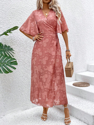 Women's Jacquard Wrap Front Dress With Ruffle Hem And Flounce Sleeves