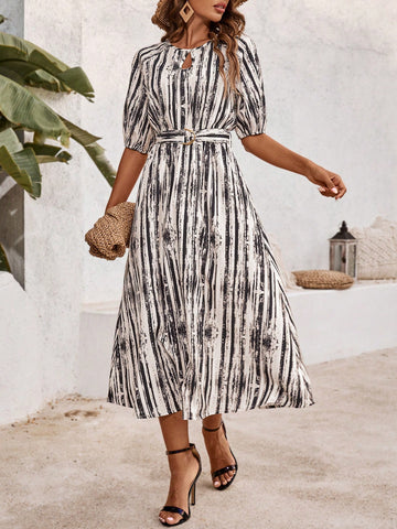 Women's Keyhole Neckline Belted Dress
