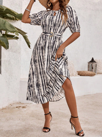 Women's Keyhole Neckline Belted Dress