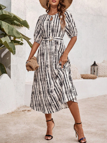 Women's Keyhole Neckline Belted Dress