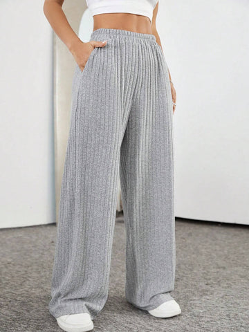 Women's Knitted Ribbed Straight-Leg Pants With Pockets