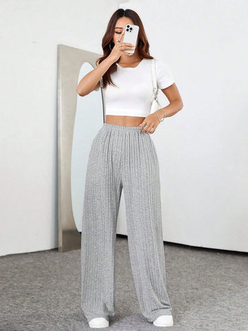 Women's Knitted Ribbed Straight-Leg Pants With Pockets