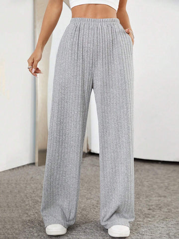 Women's Knitted Ribbed Straight-Leg Pants With Pockets
