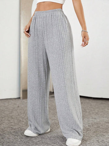 Women's Knitted Ribbed Straight-Leg Pants With Pockets