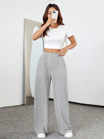 Women's Knitted Ribbed Straight-Leg Pants With Pockets