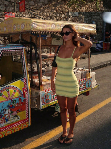 Women's Knitted Striped Print Beach Vacation Vintage Sexy Casual Mini Dress, Spring/Summer
