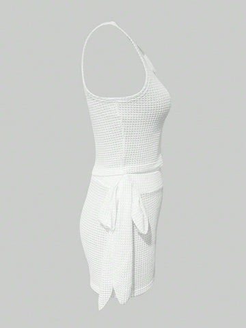 Women's Knitted Vest Top And Shorts Set With Knot Detail And Waffle Pattern