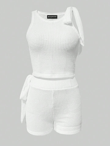 Women's Knitted Vest Top And Shorts Set With Knot Detail And Waffle Pattern