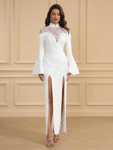 Women's Lace Flare Sleeve Slit Qipao Style Bandage Party Dress, Elegant Tassel Decor