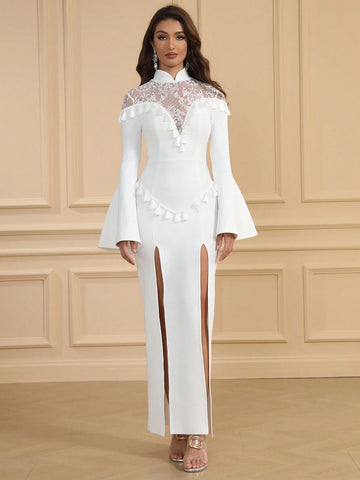 Women's Lace Flare Sleeve Slit Qipao Style Bandage Party Dress, Elegant Tassel Decor