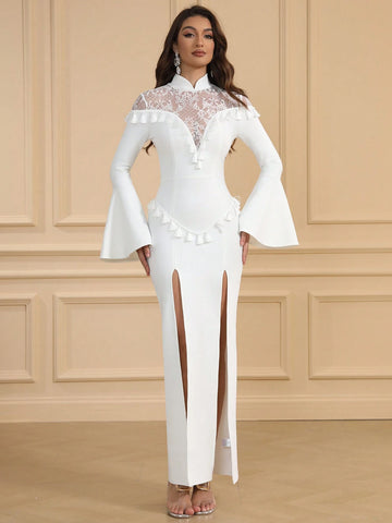 Women's Lace Flare Sleeve Slit Qipao Style Bandage Party Dress, Elegant Tassel Decor