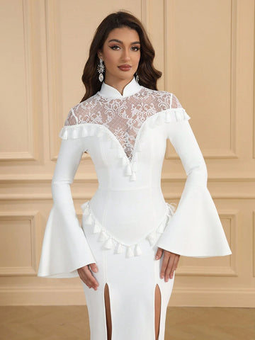 Women's Lace Flare Sleeve Slit Qipao Style Bandage Party Dress, Elegant Tassel Decor