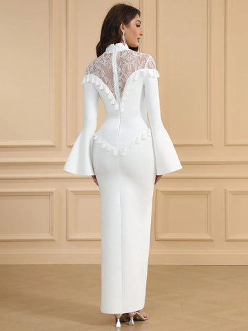 Women's Lace Flare Sleeve Slit Qipao Style Bandage Party Dress, Elegant Tassel Decor