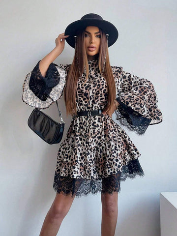 Women's Lace Patchwork Leopard Print Bell Sleeve Dress, Fashionable For Autumn