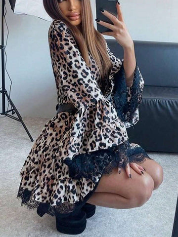 Women's Lace Patchwork Leopard Print Bell Sleeve Dress, Fashionable For Autumn