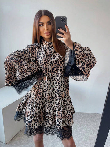 Women's Lace Patchwork Leopard Print Bell Sleeve Dress, Fashionable For Autumn