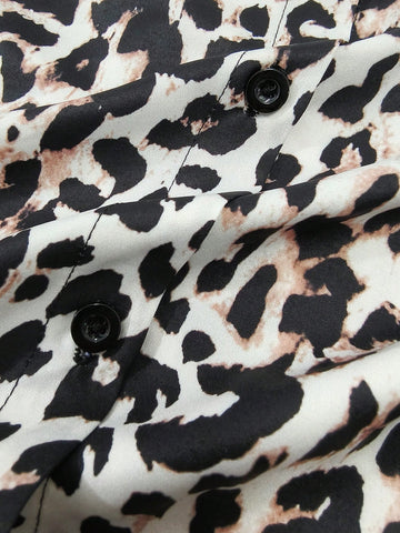 Women's Lace Patchwork Leopard Print Bell Sleeve Dress, Fashionable For Autumn