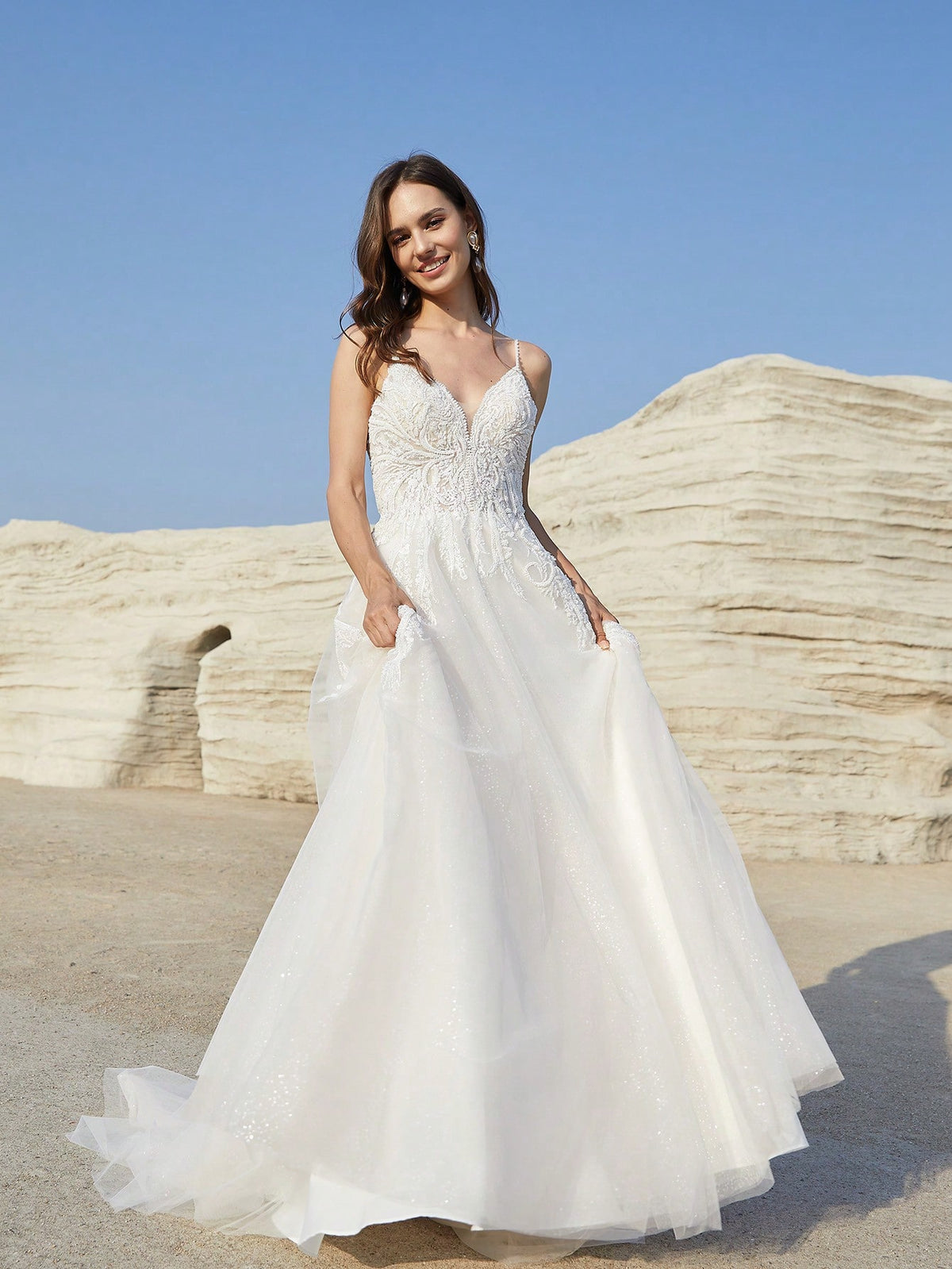 Women's Lace Patchwork Mesh Spaghetti Strap Wedding Dress