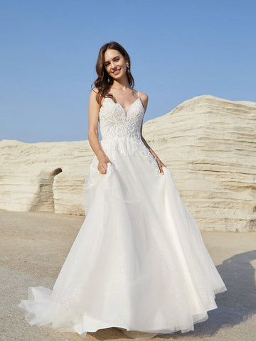 Women's Lace Patchwork Mesh Spaghetti Strap Wedding Dress
