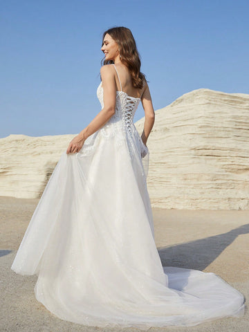 Women's Lace Patchwork Mesh Spaghetti Strap Wedding Dress