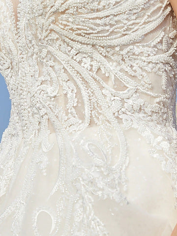 Women's Lace Patchwork Mesh Spaghetti Strap Wedding Dress