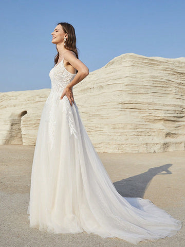 Women's Lace Patchwork Mesh Spaghetti Strap Wedding Dress