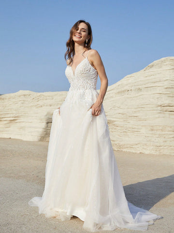 Women's Lace Patchwork Mesh Spaghetti Strap Wedding Dress