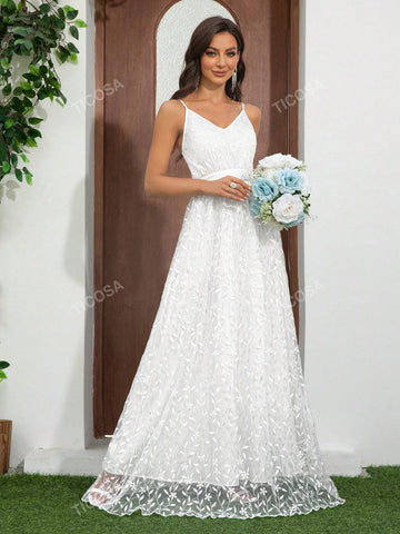 Women's Lace Strap Extra Long Romantic Wedding Dress Formal Banquet Dress