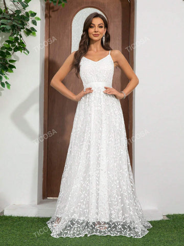 Women's Lace Strap Extra Long Romantic Wedding Dress Formal Banquet Dress