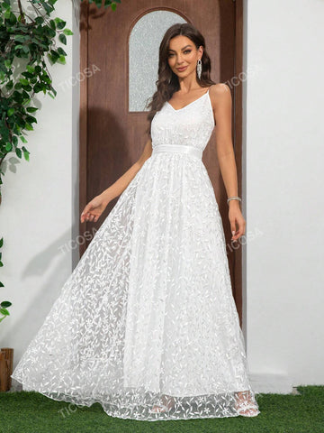 Women's Lace Strap Extra Long Romantic Wedding Dress Formal Banquet Dress