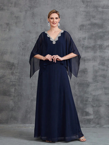 Womens' Lace Trim Decor Chiffon Cape Dress