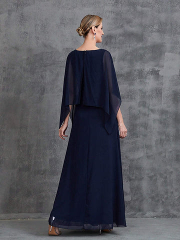 Womens' Lace Trim Decor Chiffon Cape Dress