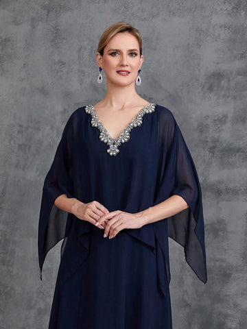 Womens' Lace Trim Decor Chiffon Cape Dress