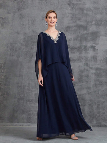 Womens' Lace Trim Decor Chiffon Cape Dress