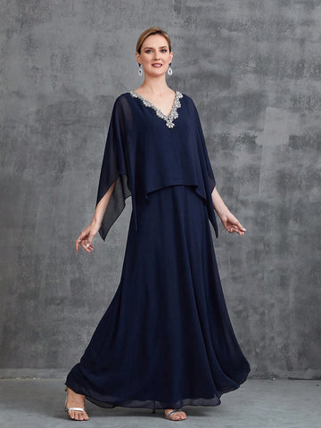 Womens' Lace Trim Decor Chiffon Cape Dress