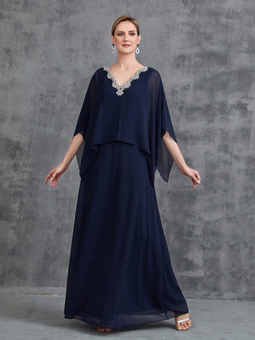 Womens' Lace Trim Decor Chiffon Cape Dress