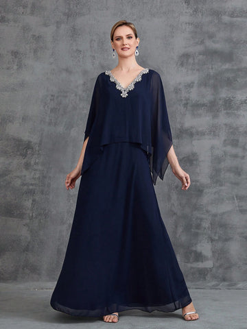 Womens' Lace Trim Decor Chiffon Cape Dress