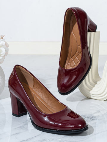 Women's Lacquer Leather Sexy High Heels, Round Toe Thick Heel Shallow Mouth Shoes, Burgundy