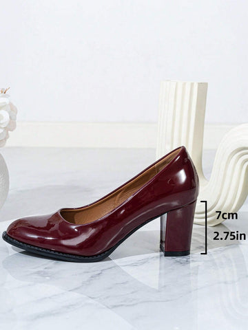 Women's Lacquer Leather Sexy High Heels, Round Toe Thick Heel Shallow Mouth Shoes, Burgundy