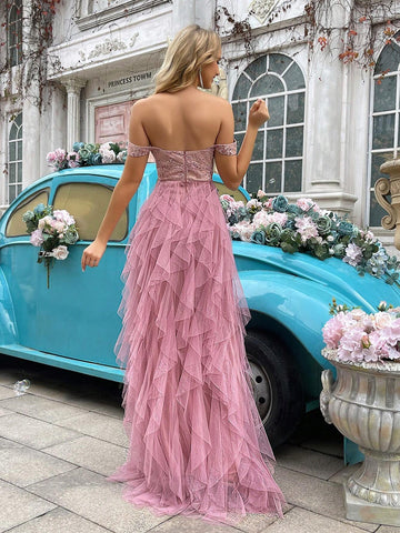 Women's Ladylike Pink Lace Off-The-Shoulder Slit Fashion Bridesmaid Dress