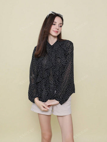 Women's Lantern Sleeve Layered Polka Dot Design Blouse