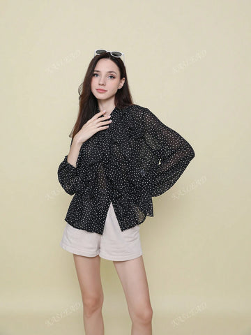 Women's Lantern Sleeve Layered Polka Dot Design Blouse