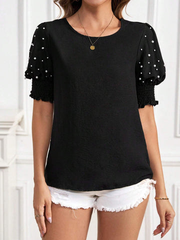 Women's Lantern Sleeve Pearl Decorated Casual Half Sleeve Top With Pleated Round Neckline
