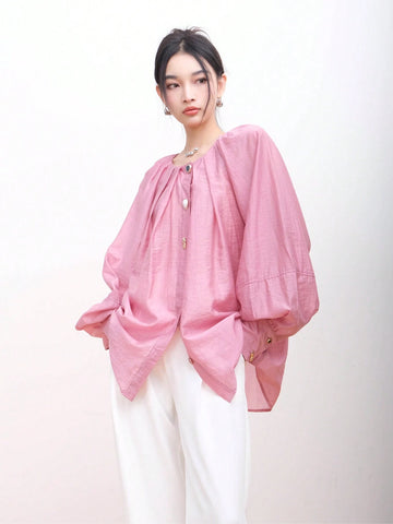 Women's Lantern Sleeve Silk-Like Shirt, Design With Niche French Sweetness, Unique High-End Feeling Formal Shirt
