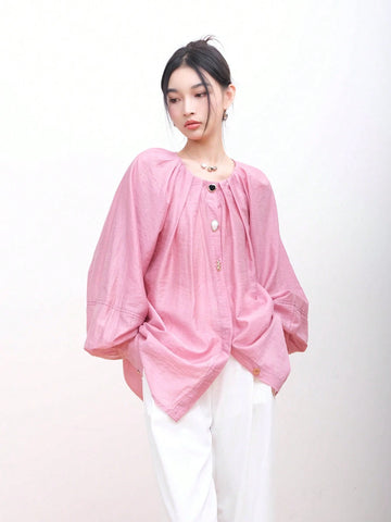 Women's Lantern Sleeve Silk-Like Shirt, Design With Niche French Sweetness, Unique High-End Feeling Formal Shirt