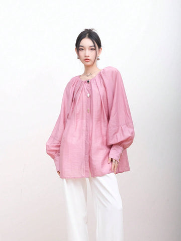 Women's Lantern Sleeve Silk-Like Shirt, Design With Niche French Sweetness, Unique High-End Feeling Formal Shirt