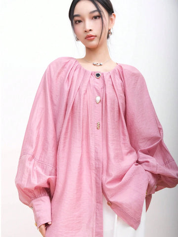Women's Lantern Sleeve Silk-Like Shirt, Design With Niche French Sweetness, Unique High-End Feeling Formal Shirt