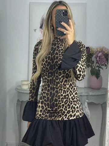 Versatile Mock Neck Long Sleeve Bell Sleeves Leopard Patchwork Pleat