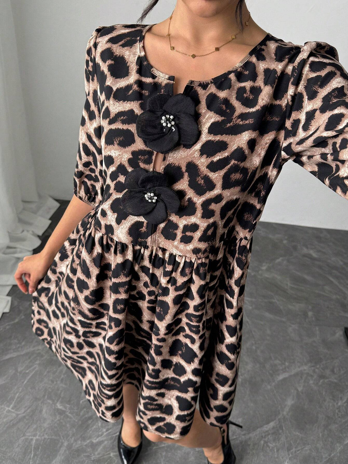 Women's Leopard Print Handmade 3D Floral Short Casual Dress